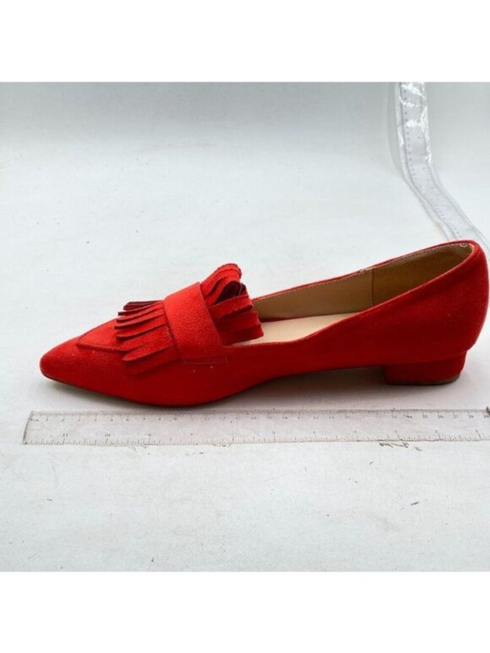 XYD Women Fringe Dress Flats Pointy Closed Toe Slip Ons Driver Loafers Red Suede